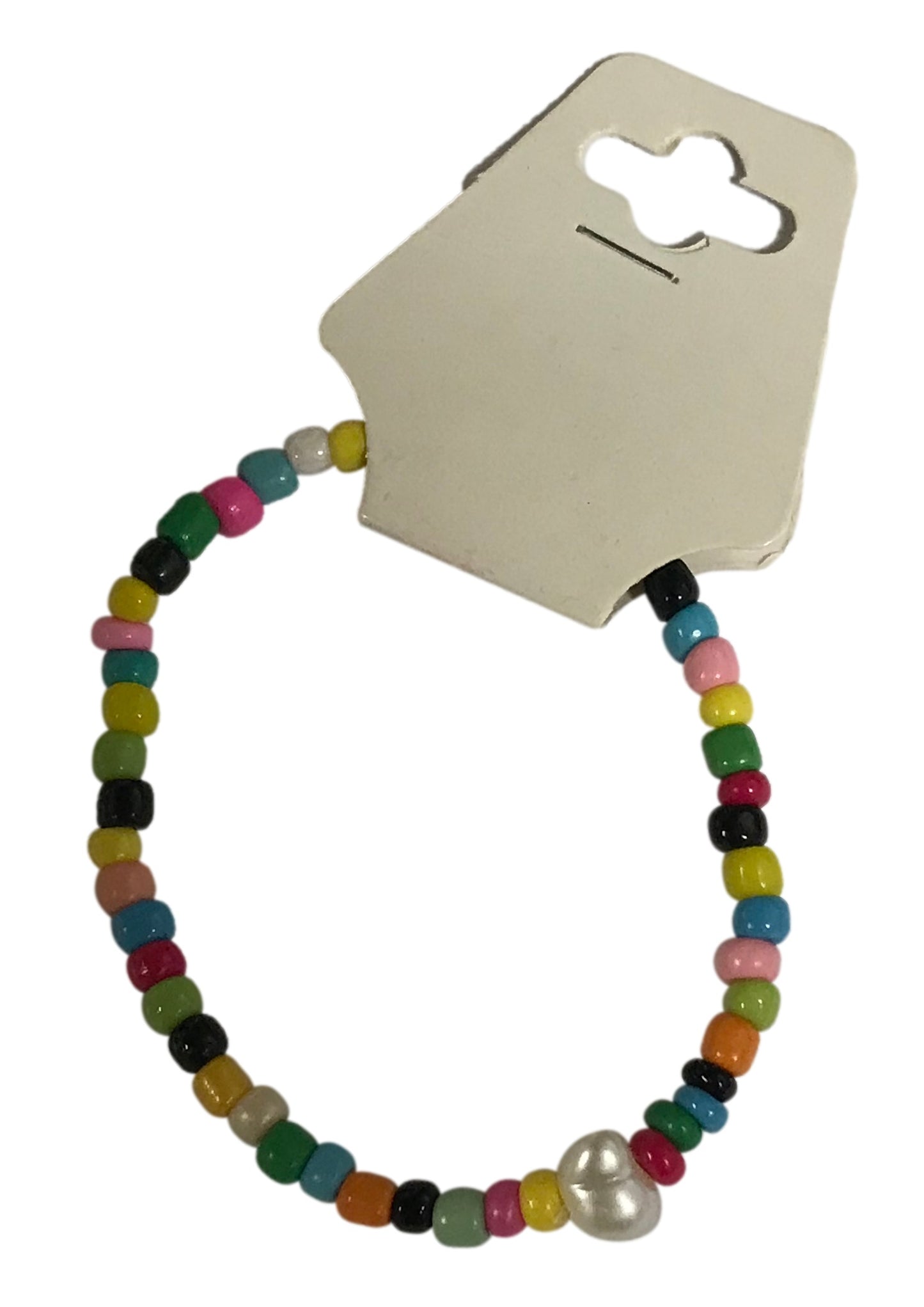 Colorful Boho Beaded Bracelet – Rainbow Beads with White Centerpiece, Handmade Elastic Casual Jewelry
