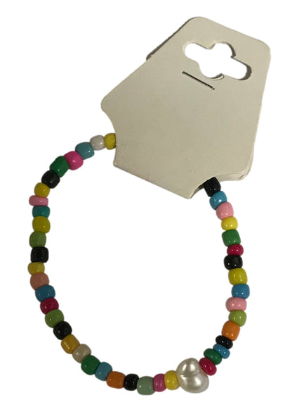 Colorful Boho Beaded Bracelet – Rainbow Beads with White Centerpiece, Handmade Elastic Casual Jewelry