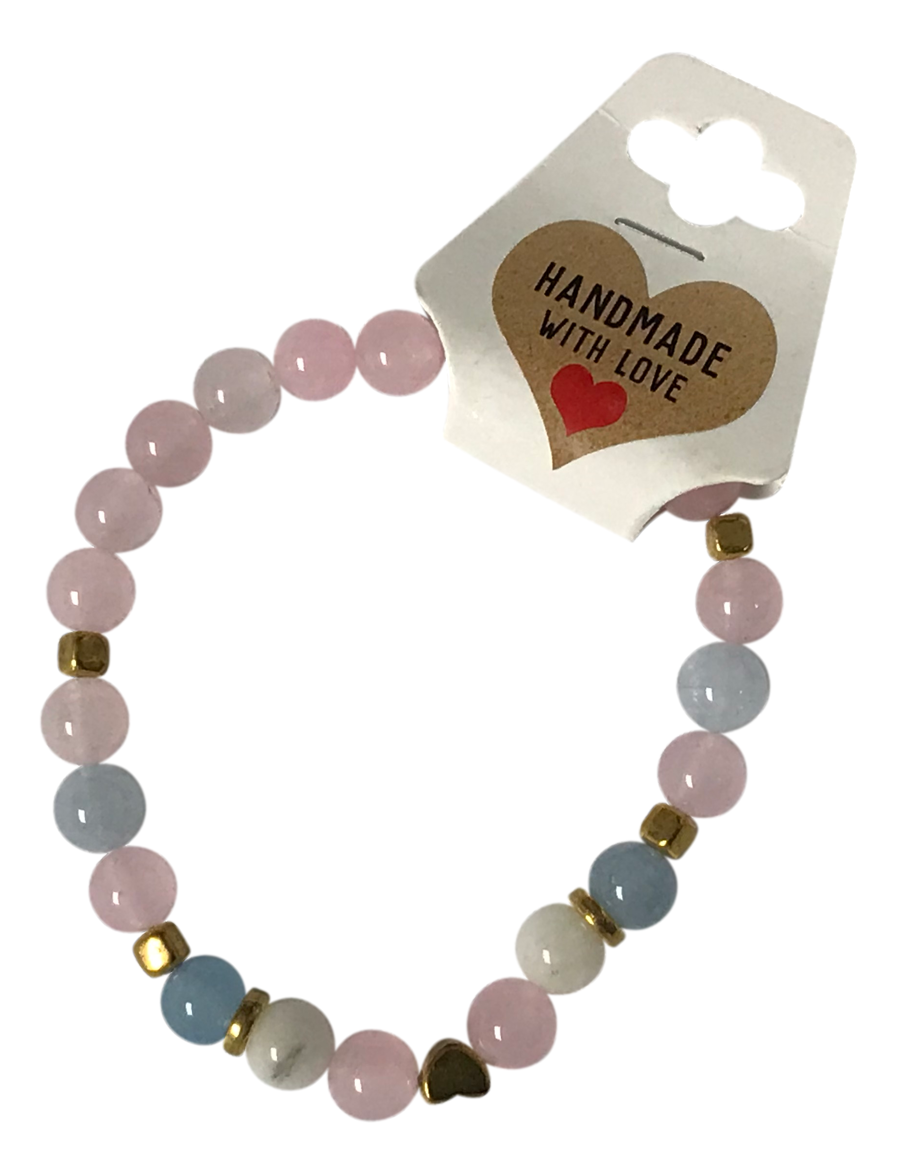 Beaded bracelet with pink and gold accents on a white background