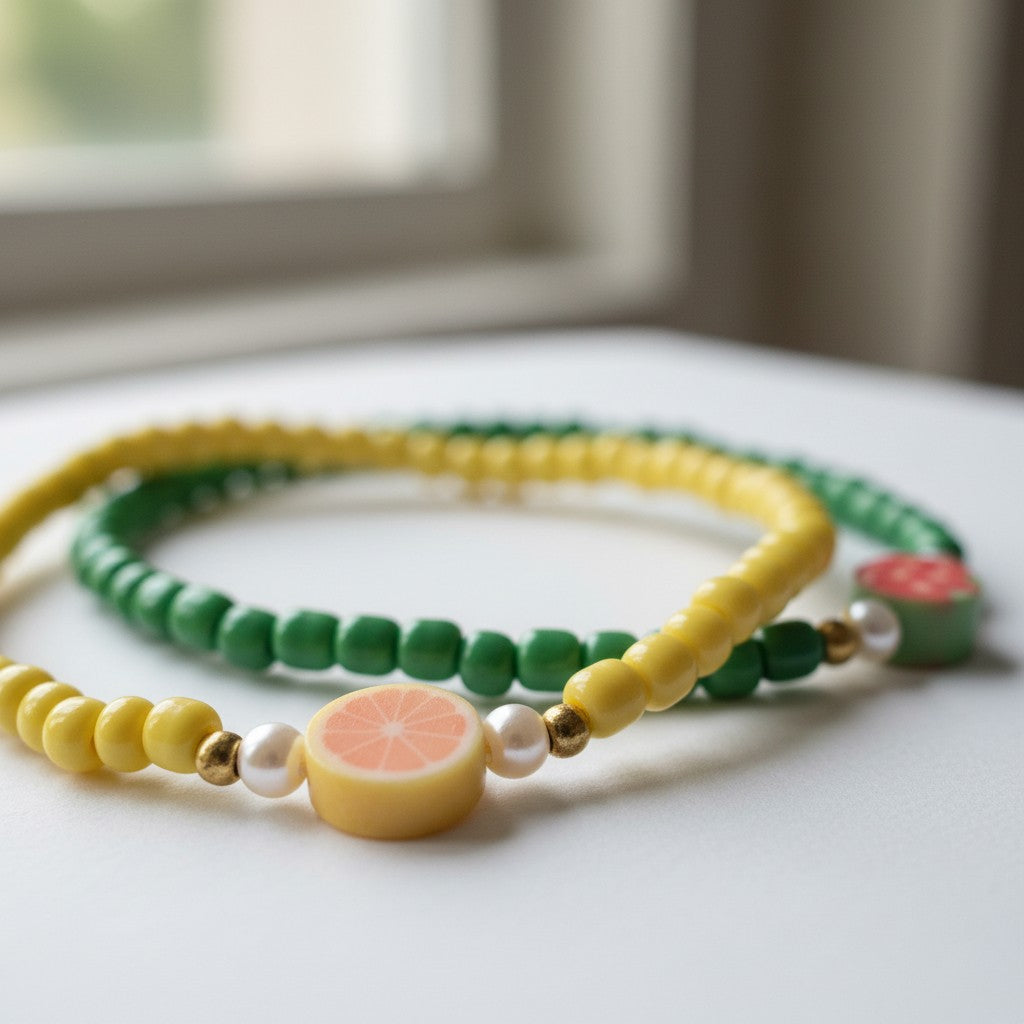 Handmade Green Yellow Beaded Bracelet Set, Fruit Charms, Playful Boho Jewelry