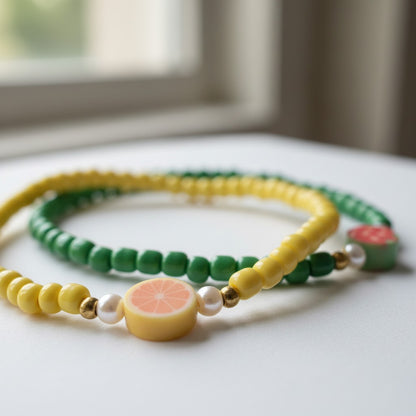 Handmade Green Yellow Beaded Bracelet Set, Fruit Charms, Playful Boho Jewelry