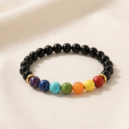 Black Onyx and Gemstone Chakra Handmade Bracelet Natural Stone Beaded Crystal Jewelry with Gold Accents