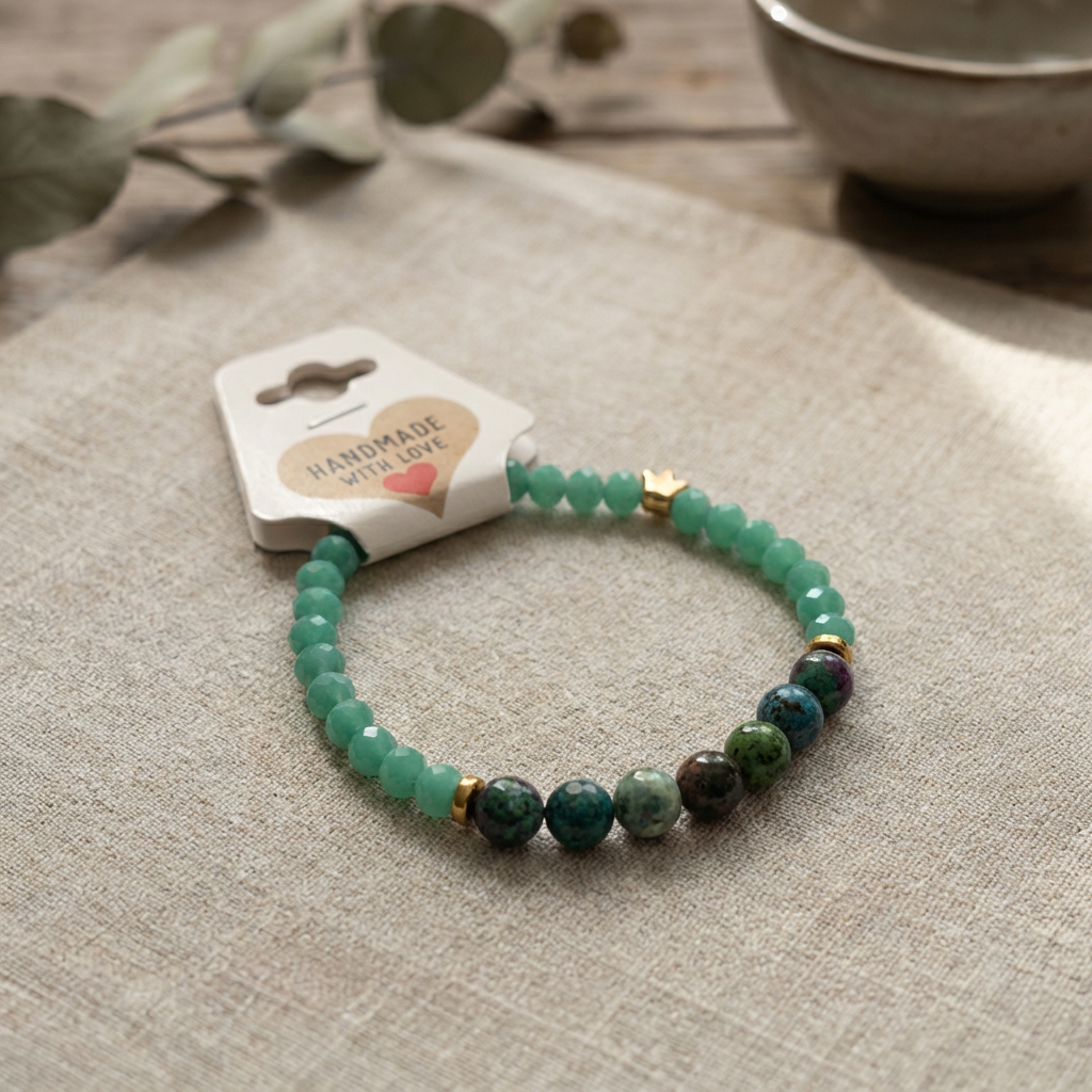 Ruby Zoisite and Green Agate Beaded Bracelet Natural Stone Gold Crown Charm Jewelry Earthy Handmade Boho Stacker