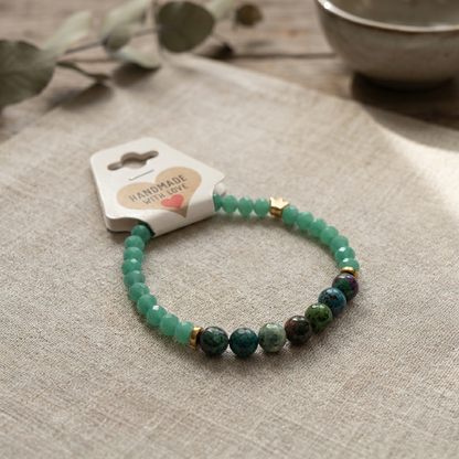 Ruby Zoisite and Green Agate Beaded Bracelet Natural Stone Gold Crown Charm Jewelry Earthy Handmade Boho Stacker
