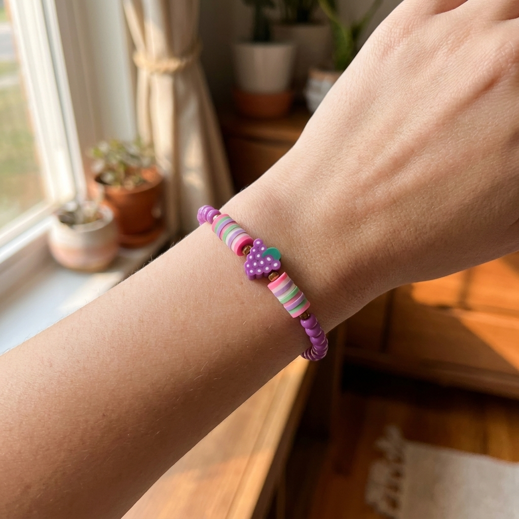 Colorful beaded bracelet on a wrist with a home interior background