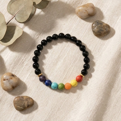 Black Onyx and Gemstone Chakra Handmade Bracelet Natural Stone Beaded Crystal Jewelry with Gold Accents