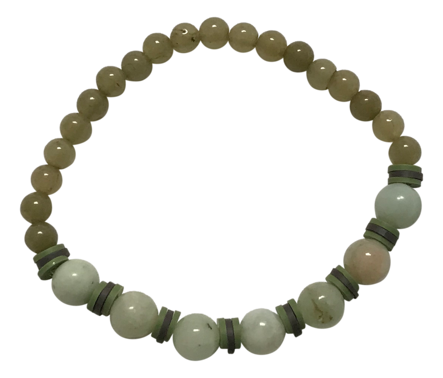 Handmade Greenish-Gray Jade-Style Beaded Bracelet with Brown & Cream Disc Spacers – Boho Jewelry Gift