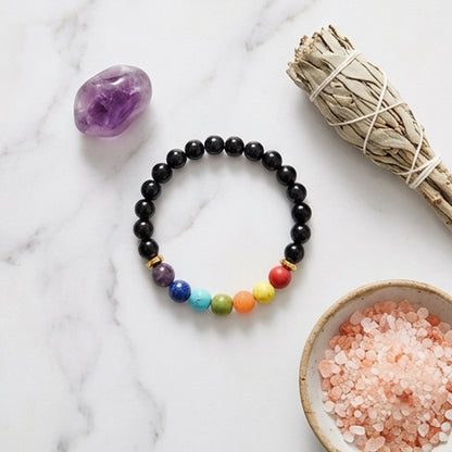 Black Onyx and Gemstone Chakra Handmade Bracelet Natural Stone Beaded Crystal Jewelry with Gold Accents
