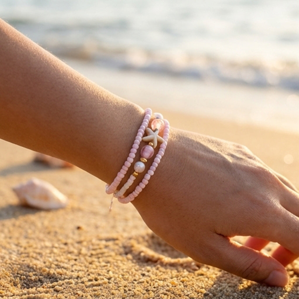 Handmade Pastel Pink White Gold Beaded Bracelet Set, Starfish Charm, Boho Ocean Jewelry