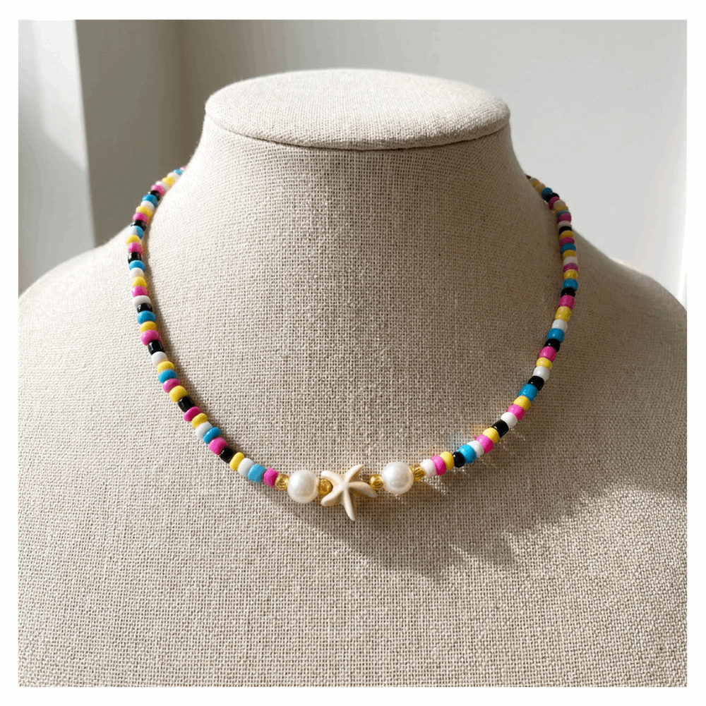 Handcrafted Summer Beaded Starfish Necklace, Metal-Plated Clasp w/ Extension Chain