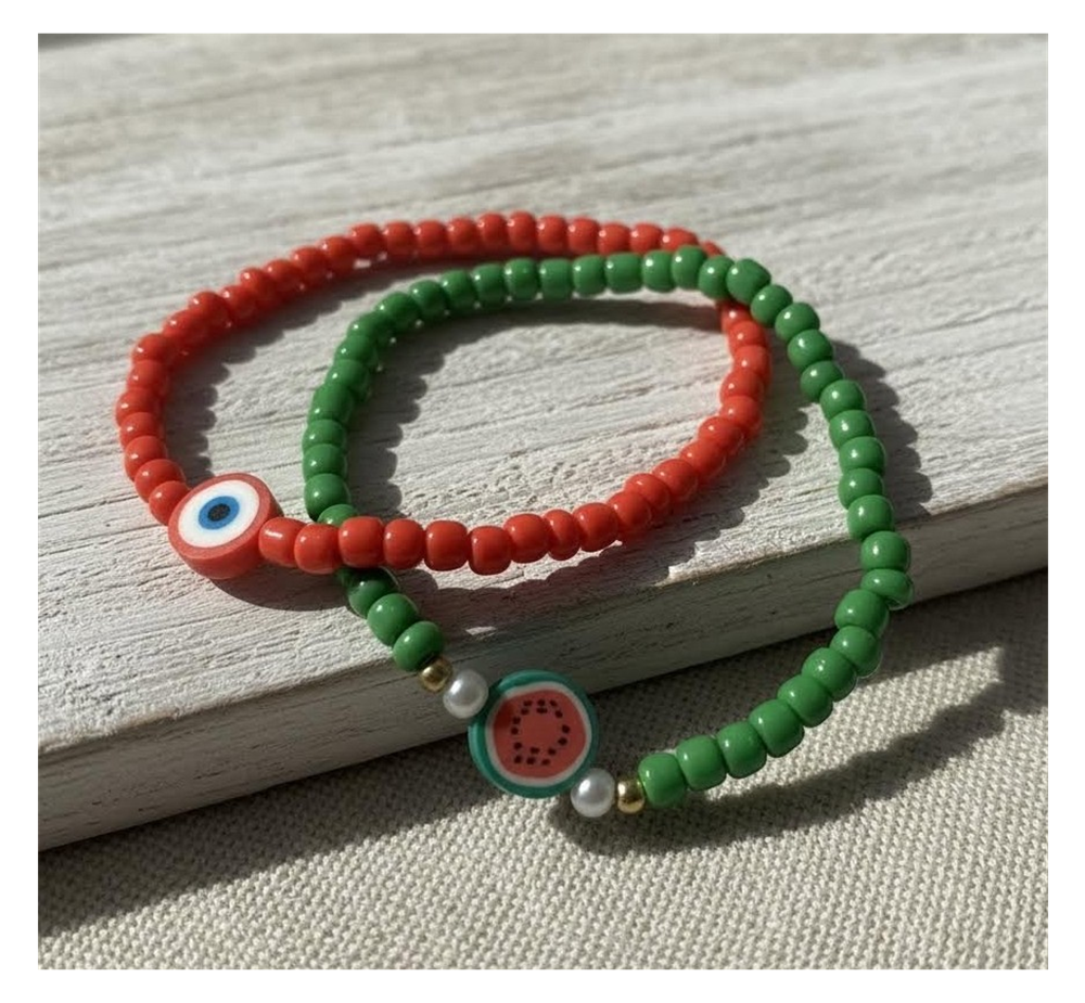 Handmade Red and Teal Green Beaded Bracelets with Candy-like and Watermelon Slice Charms, Teen Jewelry, Novelty Bracelet
