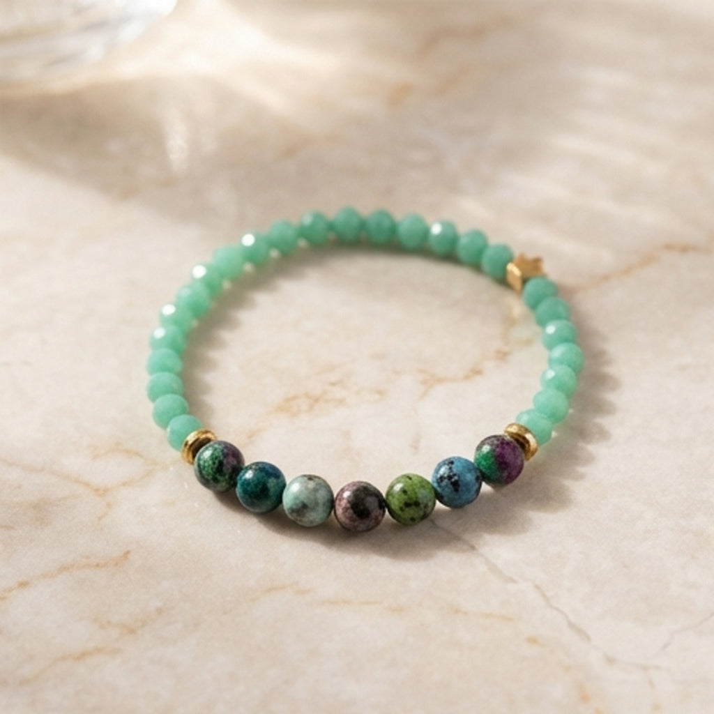 Ruby Zoisite and Green Agate Beaded Bracelet Natural Stone Gold Crown Charm Jewelry Earthy Handmade Boho Stacker