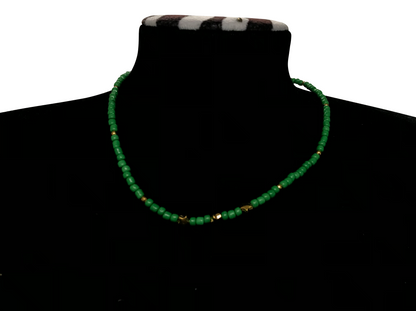 Handmade Green Seed Bead Necklace with Gold Star Charms, Dainty Celestial Jewelry
