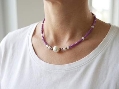Purple Beaded Necklace and Bracelet Set Faux Pearl Charm Jewelry Coquette Aesthetic Pastel Choker