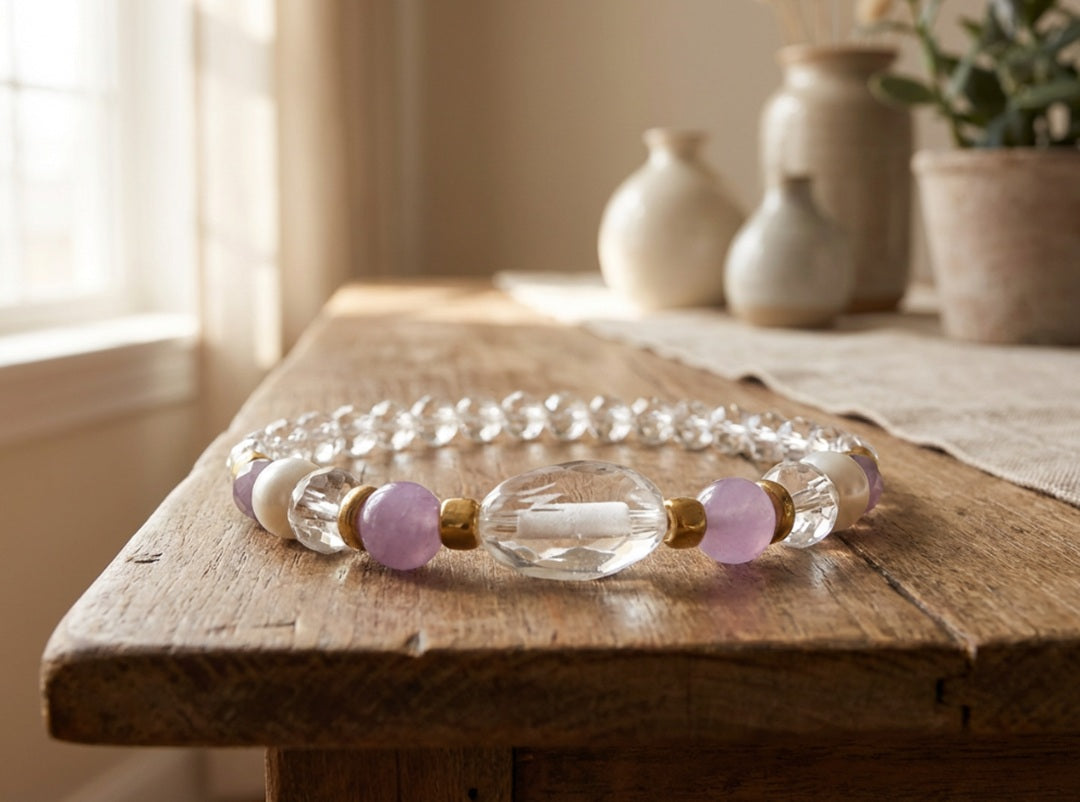 Handmade Beaded Bracelet - Lavender Amethyst-Style, Moonstone-Inspired & Pearl-Like Beads with Gold-Tone Accents and Clear Gemstone-Style Centerpiece