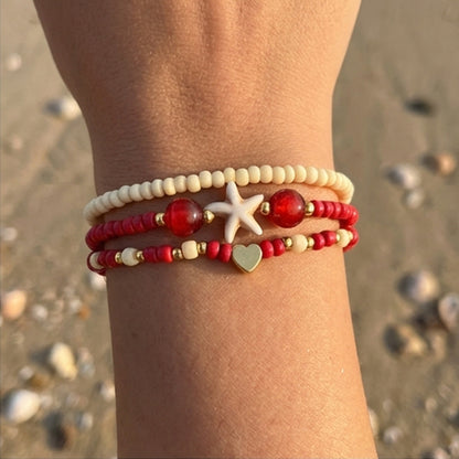 Handmade Red Cream Beaded Bracelet Set, Starfish and Heart Charm, Boho Ocean Jewelry