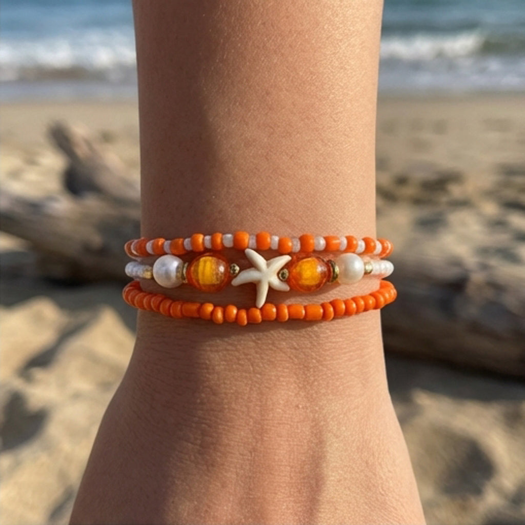 Handmade Orange White Beaded Bracelet Set, Starfish Charm, Boho Ocean Jewelry