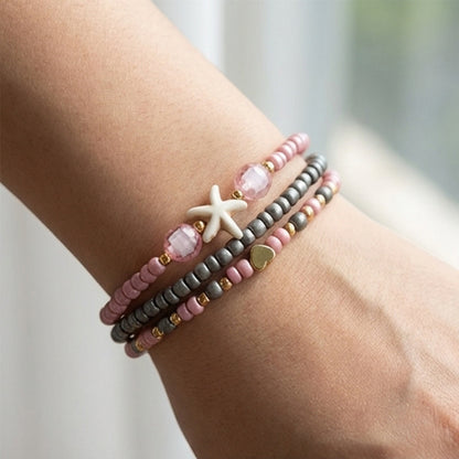 Handmade Pink Gray Gold Beaded Bracelet Set, Starfish & Heart Charms, Boho Ocean Jewelry