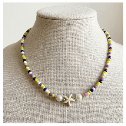Handcrafted Coastal Starfish Beaded Necklace, Metal-Plated Clasp w/ Extension Chain