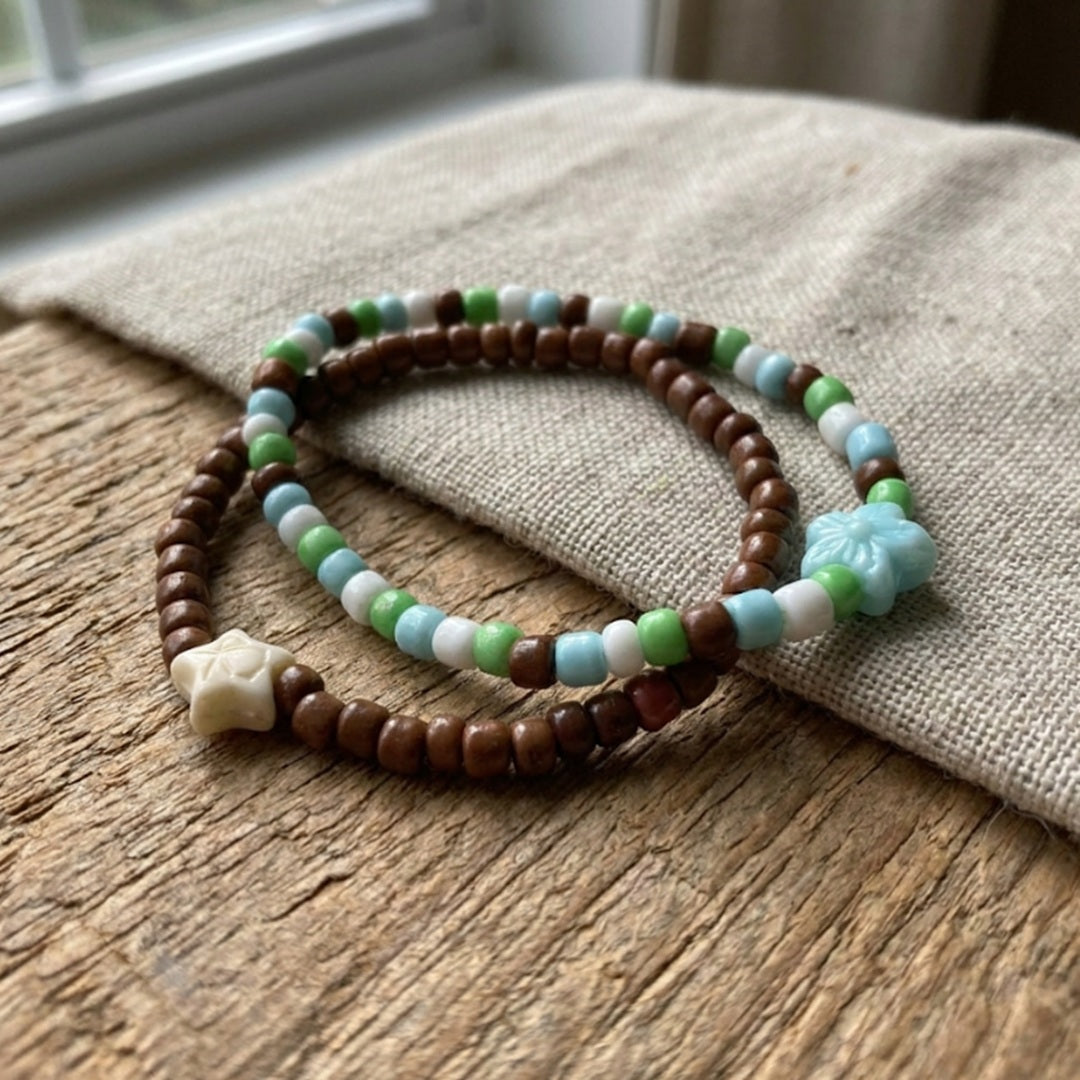 Cute Handmade Beaded Bracelet Set 2pcs Brown Blue Green White with Star & Flower Accent Gift