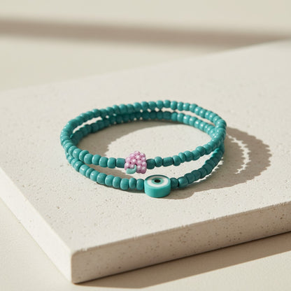 Turquoise Beaded Bracelet Set with Evil Eye Charm, Stretch Seed Bead Handmade Stackable Jewelry