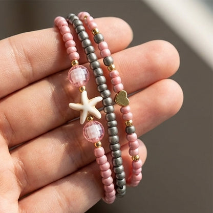 Handmade Pink Gray Gold Beaded Bracelet Set, Starfish & Heart Charms, Boho Ocean Jewelry