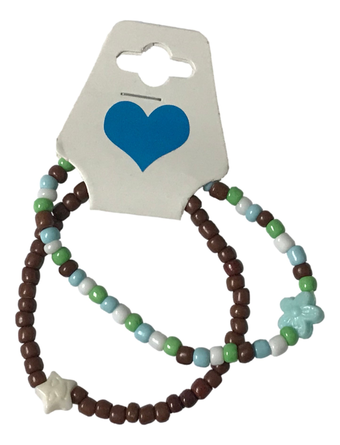 Cute Handmade Beaded Bracelet Set 2pcs Brown Blue Green White with Star & Flower Accent Gift