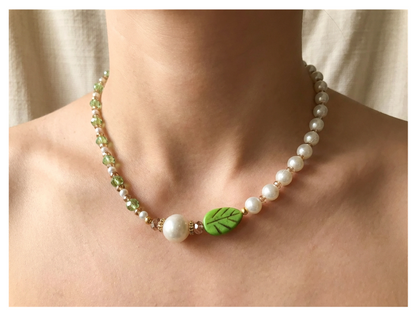 Handcrafted Spring Leaf Pearl-like Necklace with Faceted Crystal-style Beads, Metal-Plated Clasp w/ Extension Chain