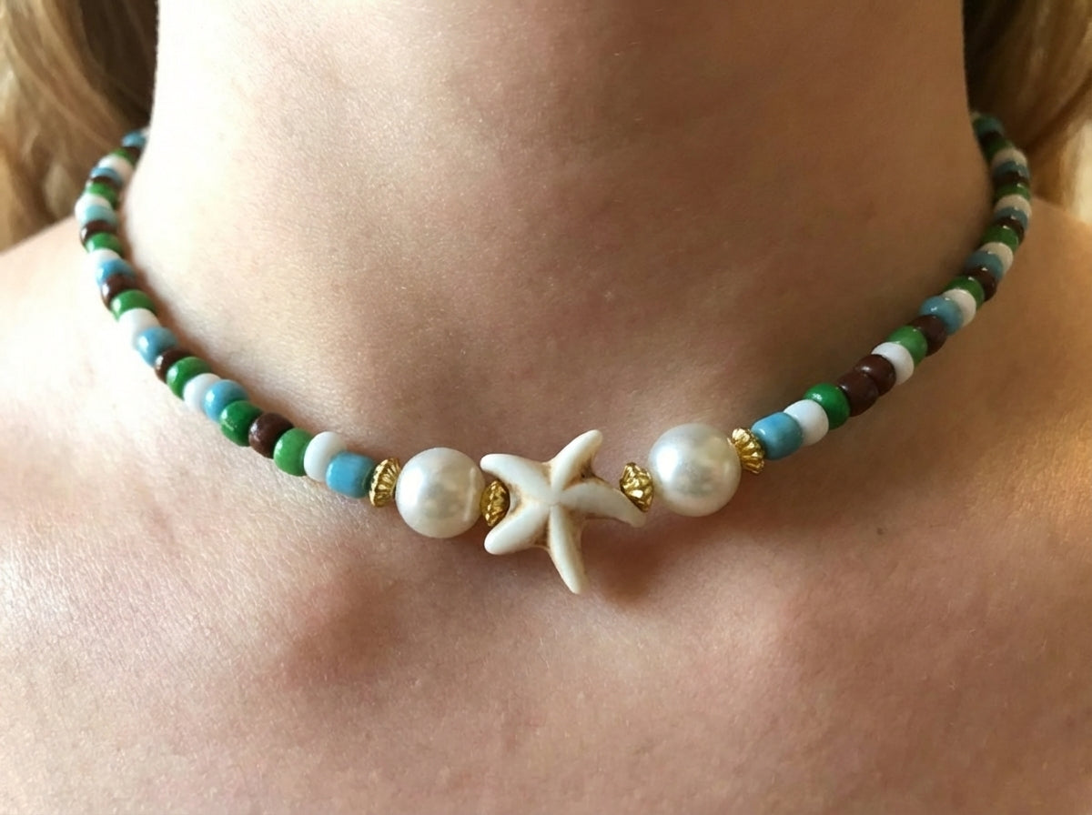 Sirenka Handmade - Starfish Beaded Necklace, Earth Tone Seed Bead Choker, Coastal Boho Jewelry with Faux Pearls