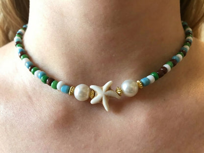 Sirenka Handmade - Starfish Beaded Necklace, Earth Tone Seed Bead Choker, Coastal Boho Jewelry with Faux Pearls