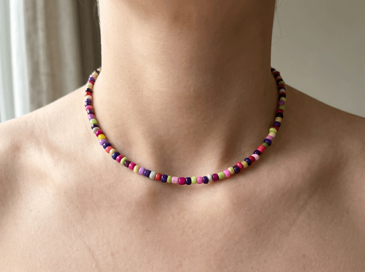 Handmade Multicolor Candy Beaded Choker, Vibrant Rainbow Seed Bead Necklace.