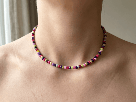 Handmade Multicolor Candy Beaded Choker, Vibrant Rainbow Seed Bead Necklace.