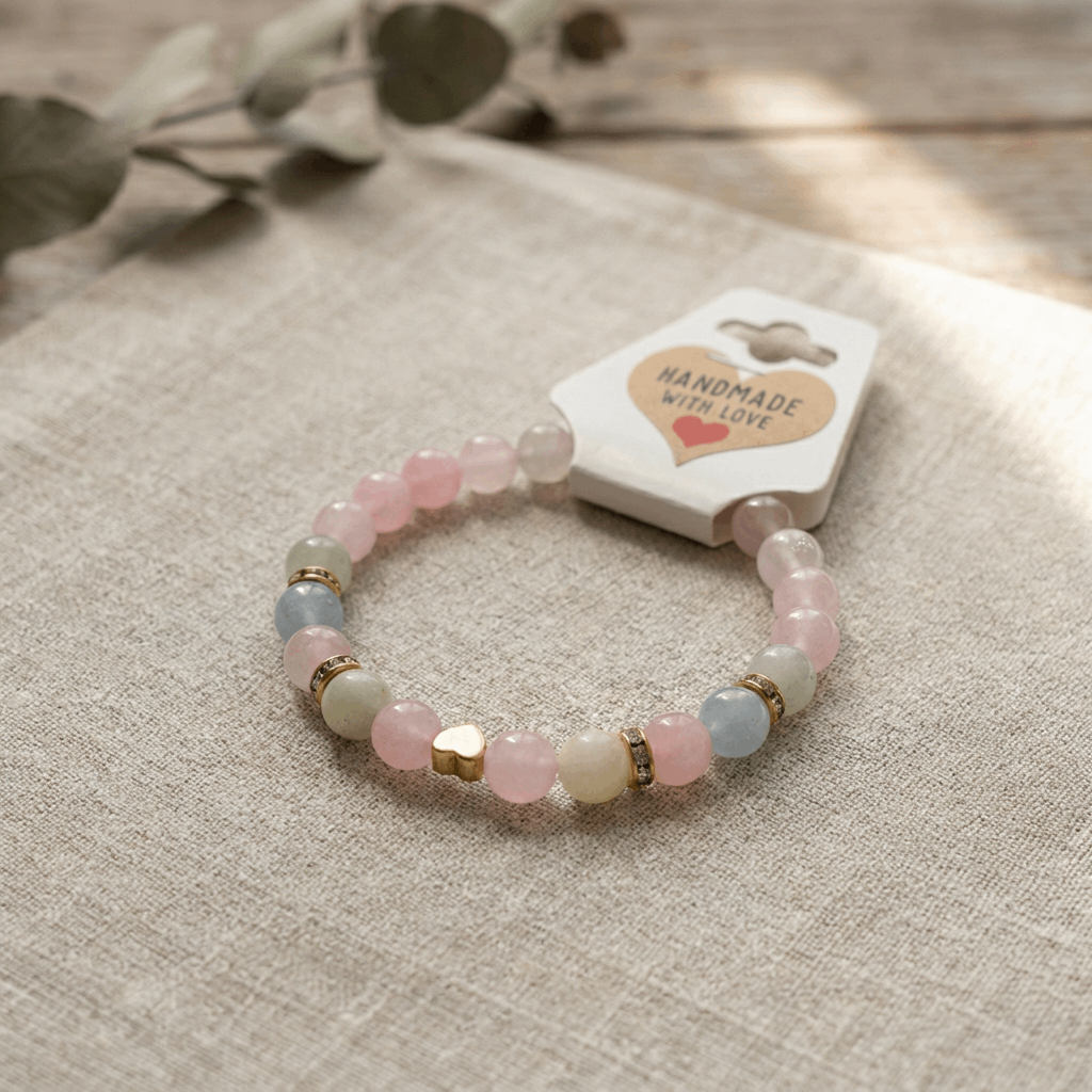 Pink Pastel Beaded Bracelet with Gold Heart Charm, Smooth Round Natural Stone Handmade Stretch Bracelet, Dainty Crystal Style Jewelry