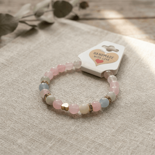 Pink Pastel Beaded Bracelet with Gold Heart Charm, Smooth Round Natural Stone Handmade Stretch Bracelet, Dainty Crystal Style Jewelry