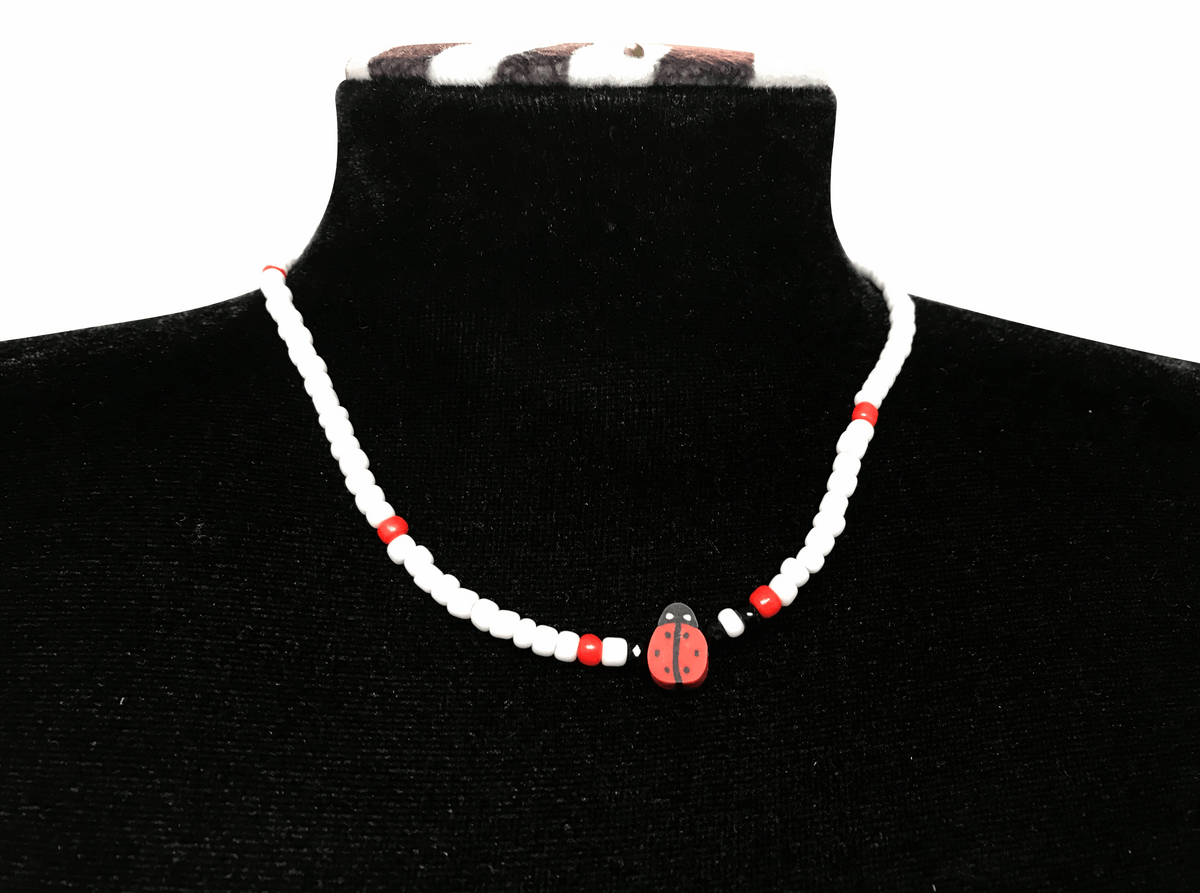 Ladybug Charm Beaded Necklace, White Seed Bead Choker Jewelry, Metal-Plated Clasp w/ Extension Chain