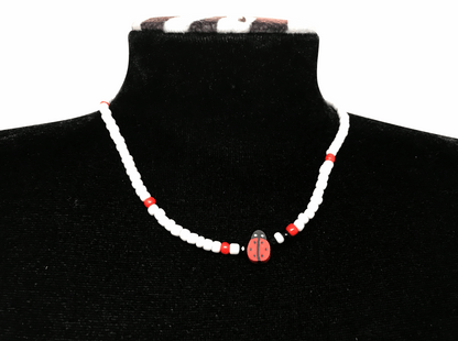 Ladybug Charm Beaded Necklace, White Seed Bead Choker Jewelry, Metal-Plated Clasp w/ Extension Chain