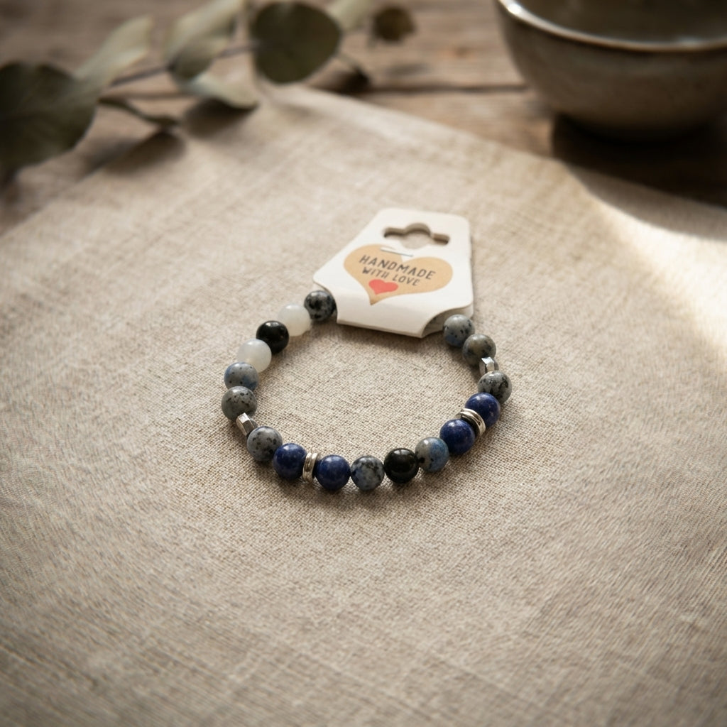 Blue Gray Speckled Stone Beaded Bracelet, Minimalist Stacking Gemstone Jewelry