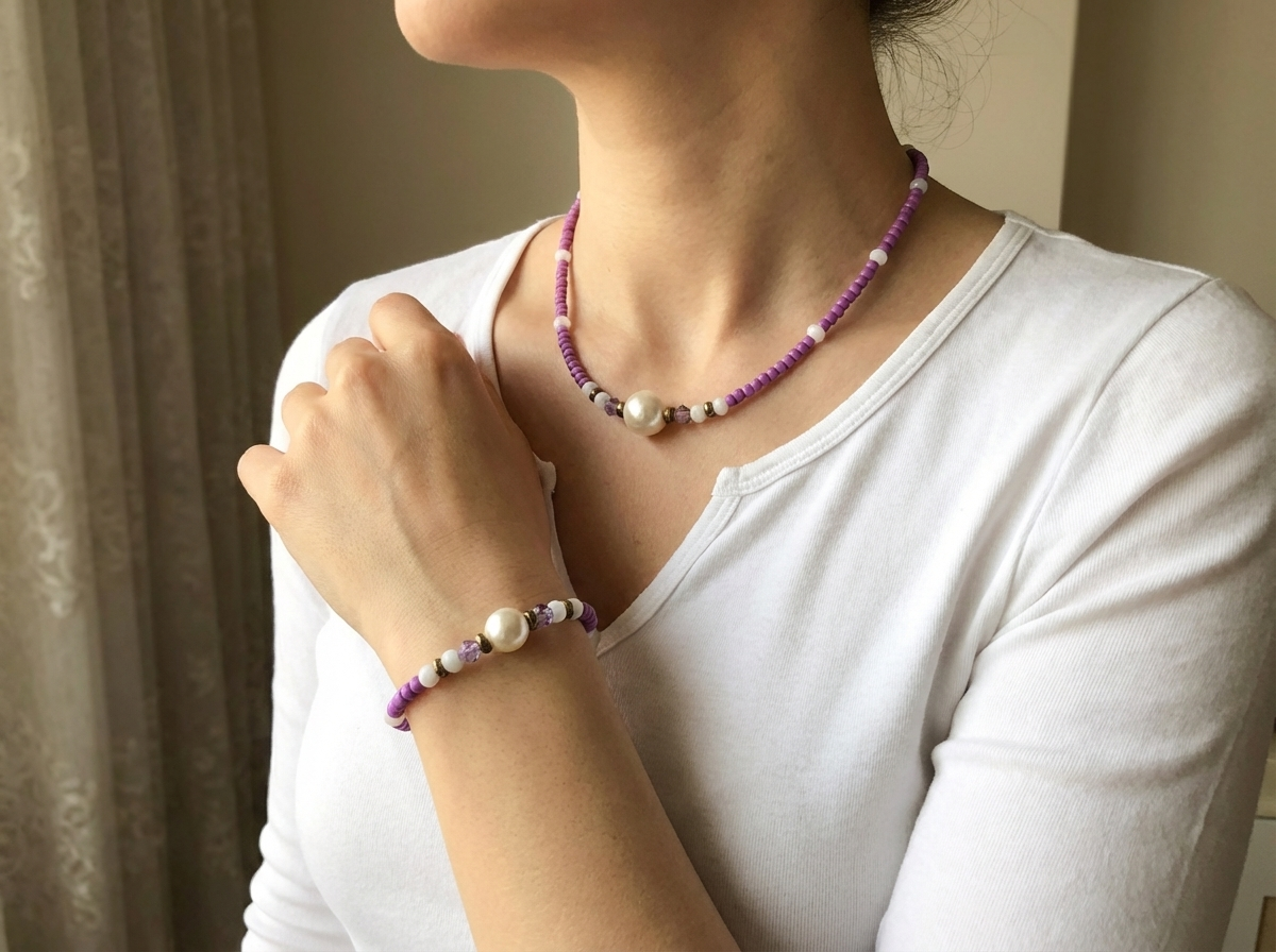Purple Beaded Necklace and Bracelet Set Faux Pearl Charm Jewelry Coquette Aesthetic Pastel Choker