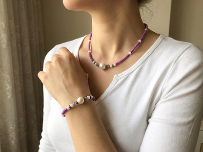 Purple Beaded Necklace and Bracelet Set Faux Pearl Charm Jewelry Coquette Aesthetic Pastel Choker