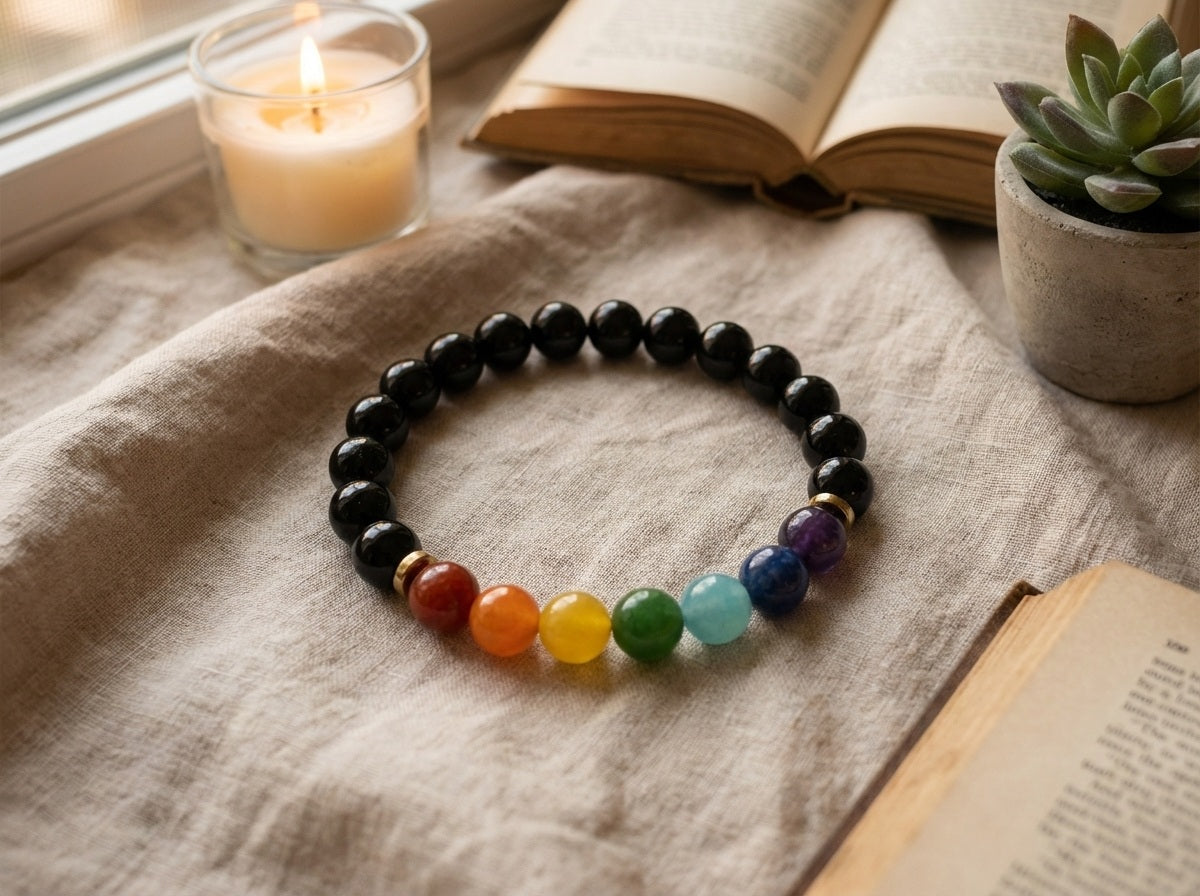 Black Onyx Healing Crystal 7 Chakra Rainbow Handmade Bracelet Artisan Jewelry Spiritual Yoga Gift Minimalist Boho Style