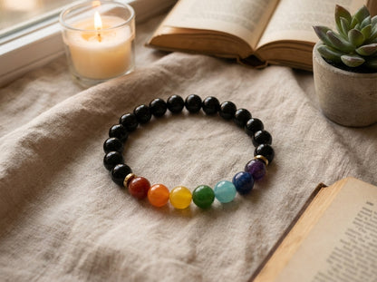 Black Onyx Healing Crystal 7 Chakra Rainbow Handmade Bracelet Artisan Jewelry Spiritual Yoga Gift Minimalist Boho Style