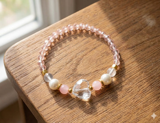 Handmade Beaded Bracelet – Pink Glass, Pearl-Style, Moonstone-Like & Gold Spacer Beads with Clear Heart Charm