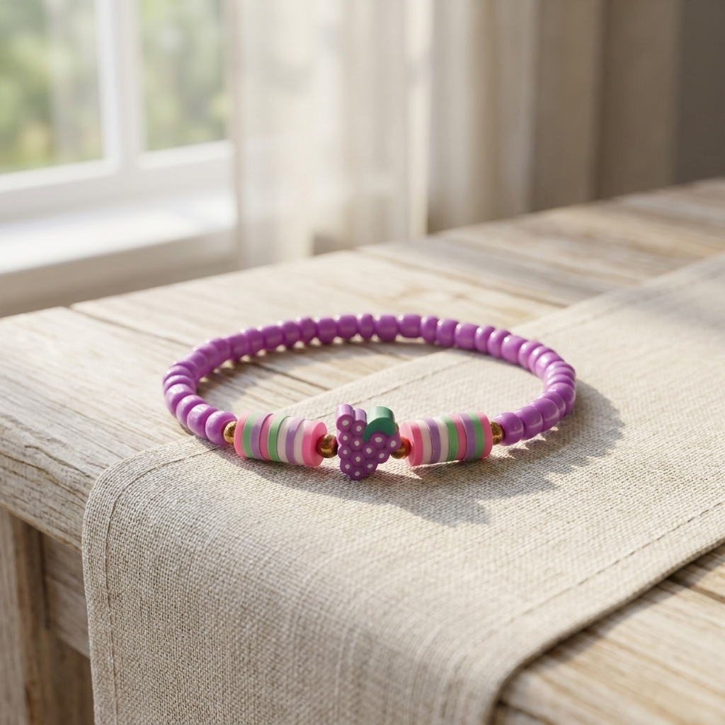 Purple beaded bracelet with a decorative element on a wooden surface.