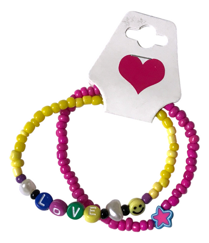 Handmade Hot Pink and Yellow Beaded Bracelet with Charms, Youth/Teen Jewelry, Novelty Bracelet, Boho-chic