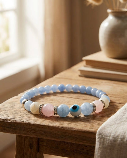 Angelite and Rose Quartz Evil Eye Bracelet Handmade Spiritual Gift Protection Blue Gemstone Beaded Natural Stone Jewelry