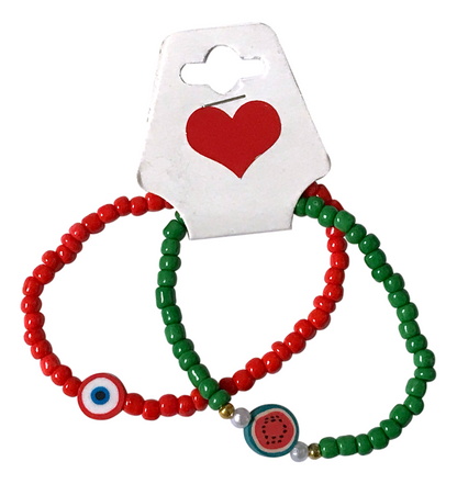 Handmade Red and Teal Green Beaded Bracelets with Candy-like and Watermelon Slice Charms, Teen Jewelry, Novelty Bracelet