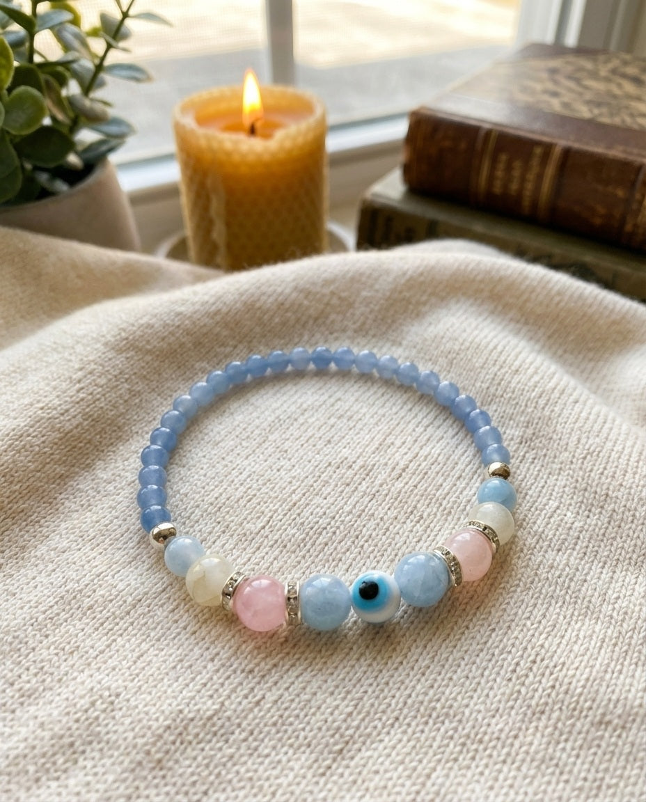 Angelite and Rose Quartz Evil Eye Bracelet Handmade Spiritual Gift Protection Blue Gemstone Beaded Natural Stone Jewelry