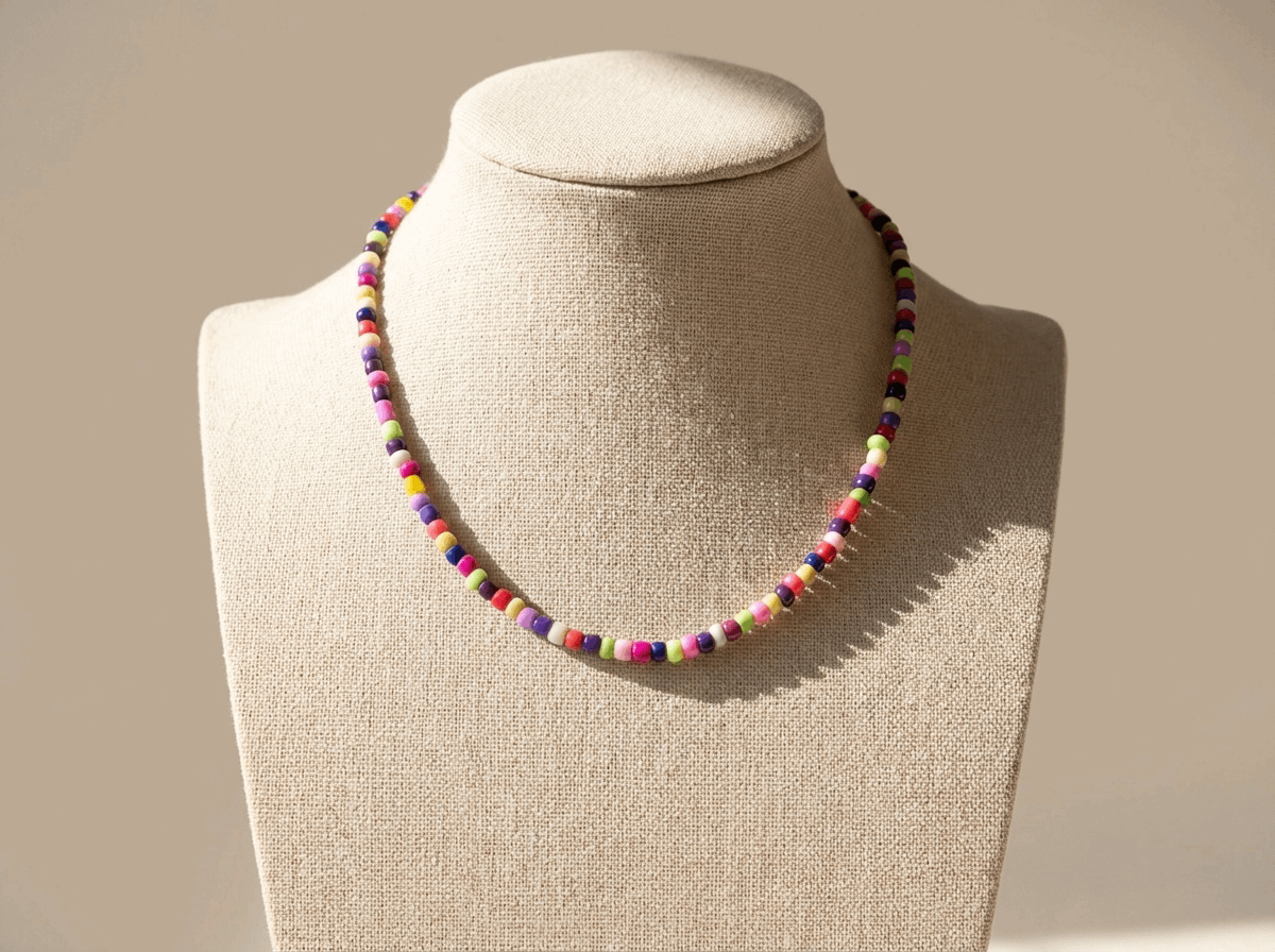 Handmade Multicolor Candy Beaded Choker, Vibrant Rainbow Seed Bead Necklace.