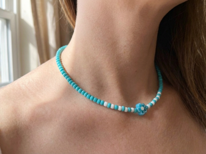 Turquoise Seed Bead Necklace with Flower Charm, Minimalist Floral Jewelry