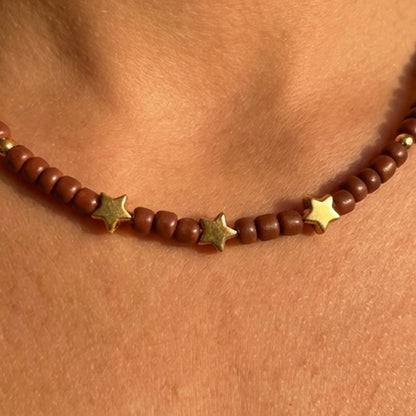 Brown Seed Bead Necklace with Gold Star Charms, Dainty Celestial Jewelry